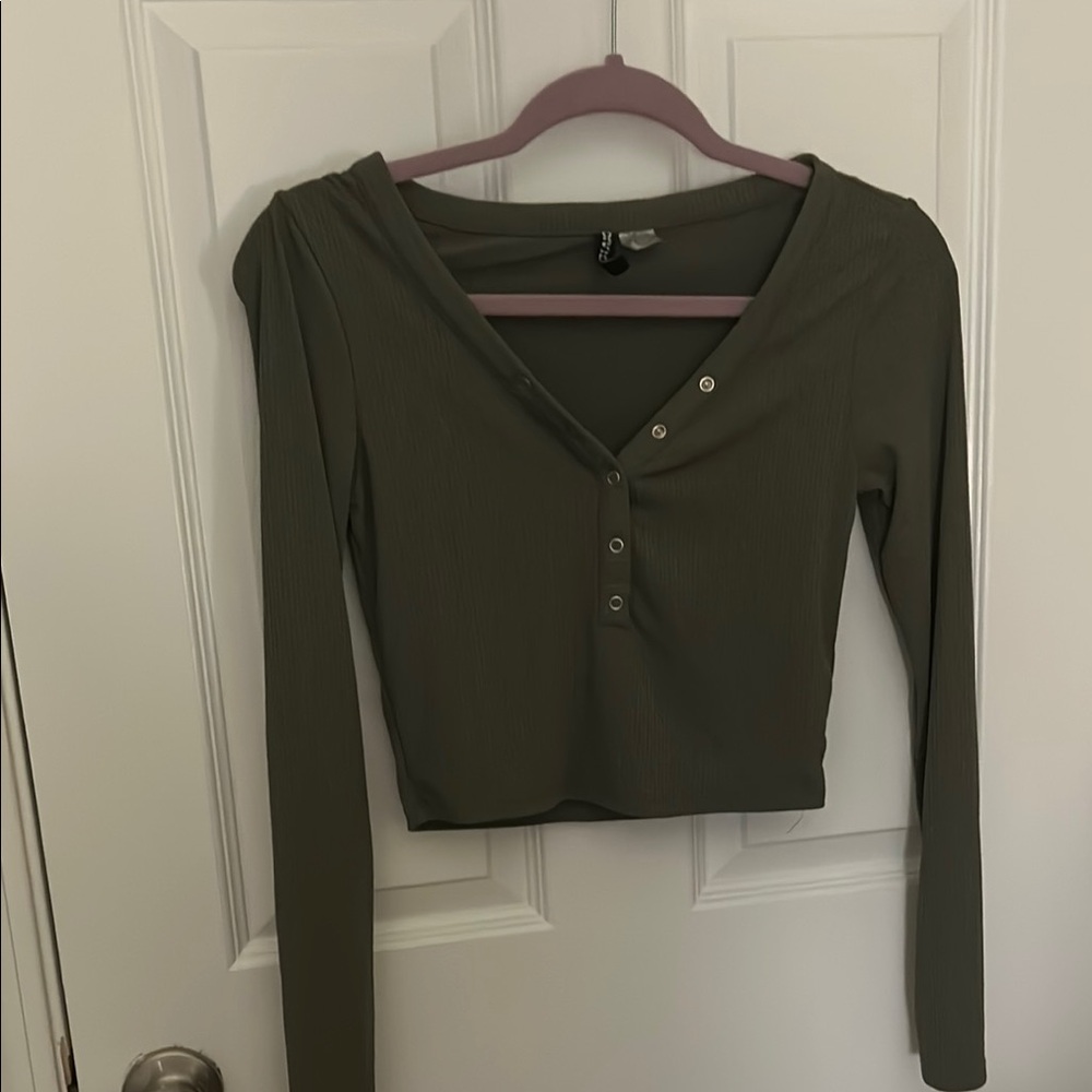 Olive Green Long Sleeve V-Neck Top